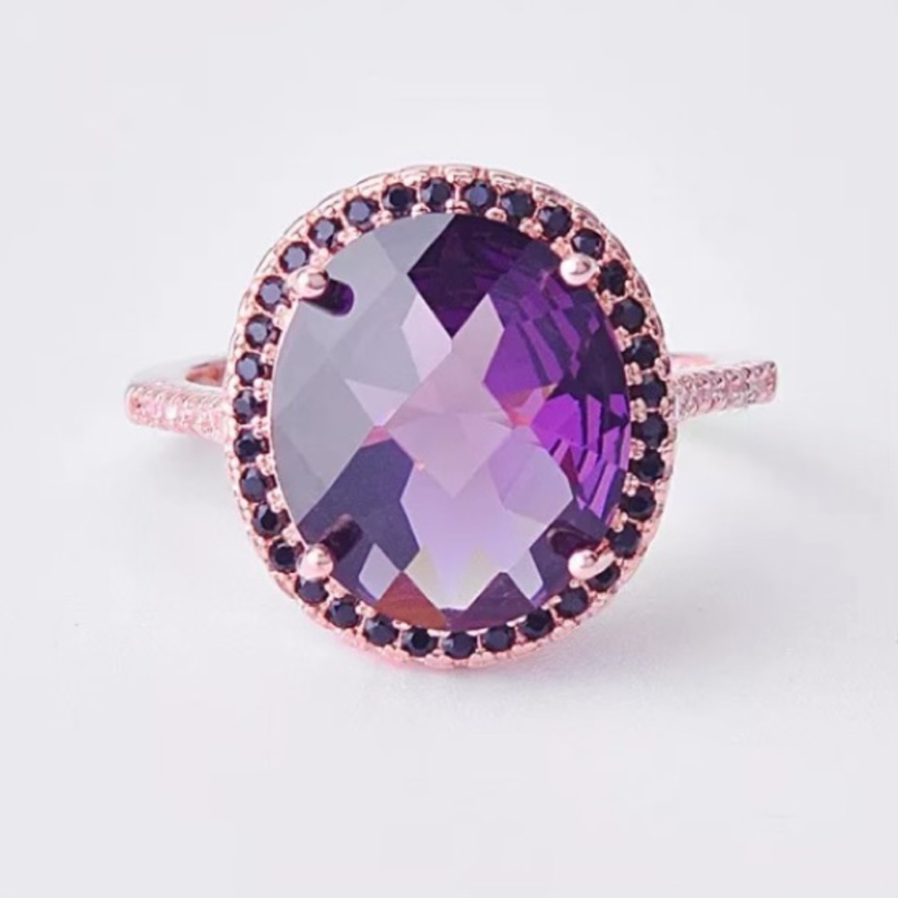 🆕18k Rose Gold Amethyst Black/White Diamond Ring - Picture 3 of 9